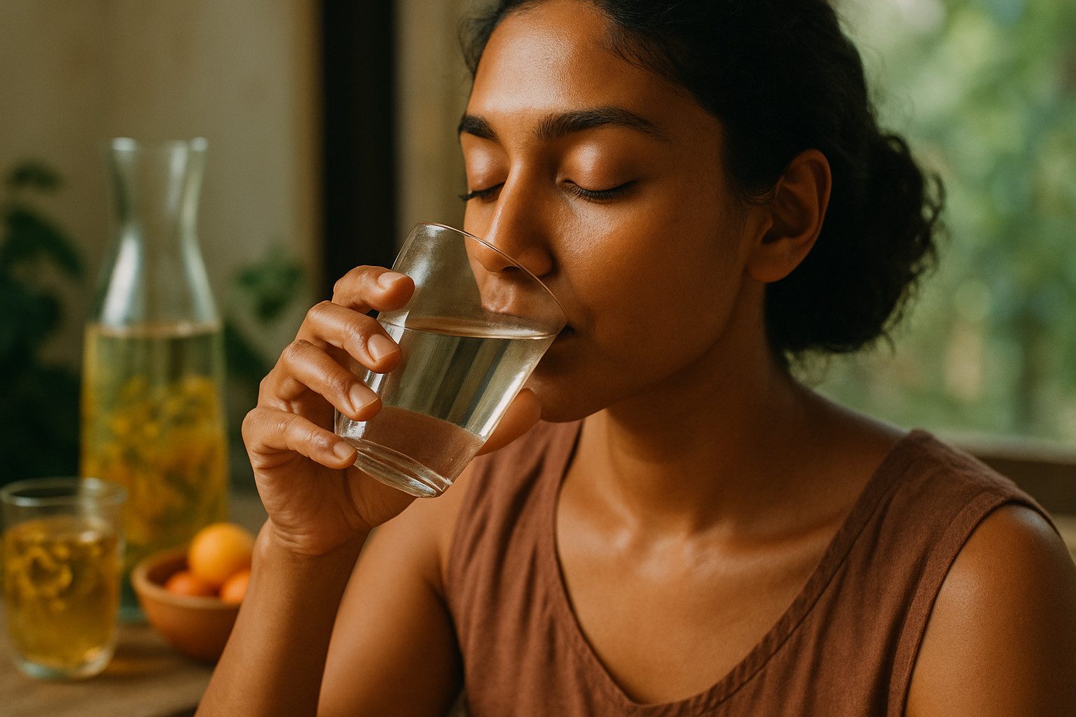 woman enjoying a glass of water, sitting next to a window.