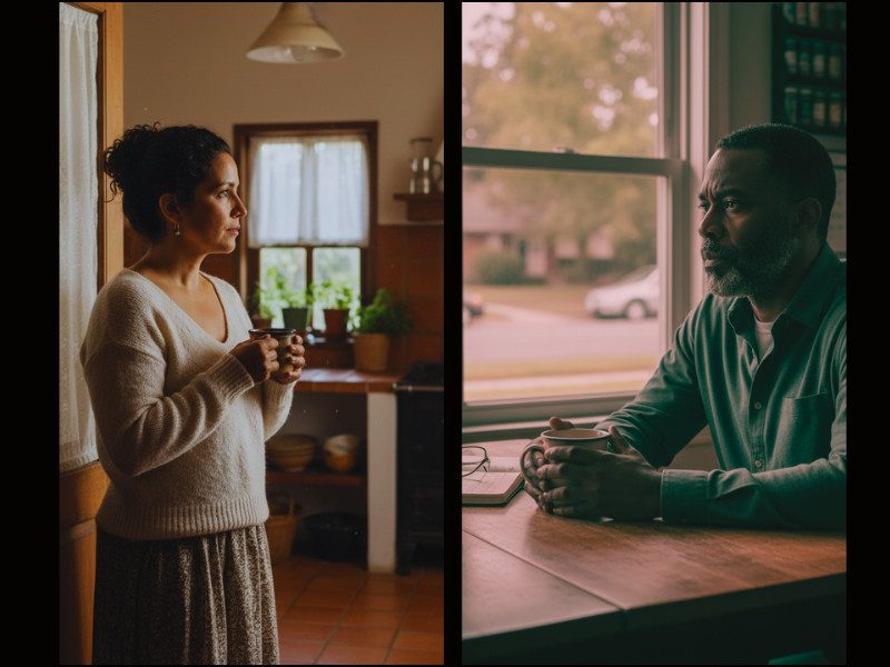 man sitting at a table in thought about his life, health, and family.  Woman standing in doorway thinking about upcoming doctor's appointment.