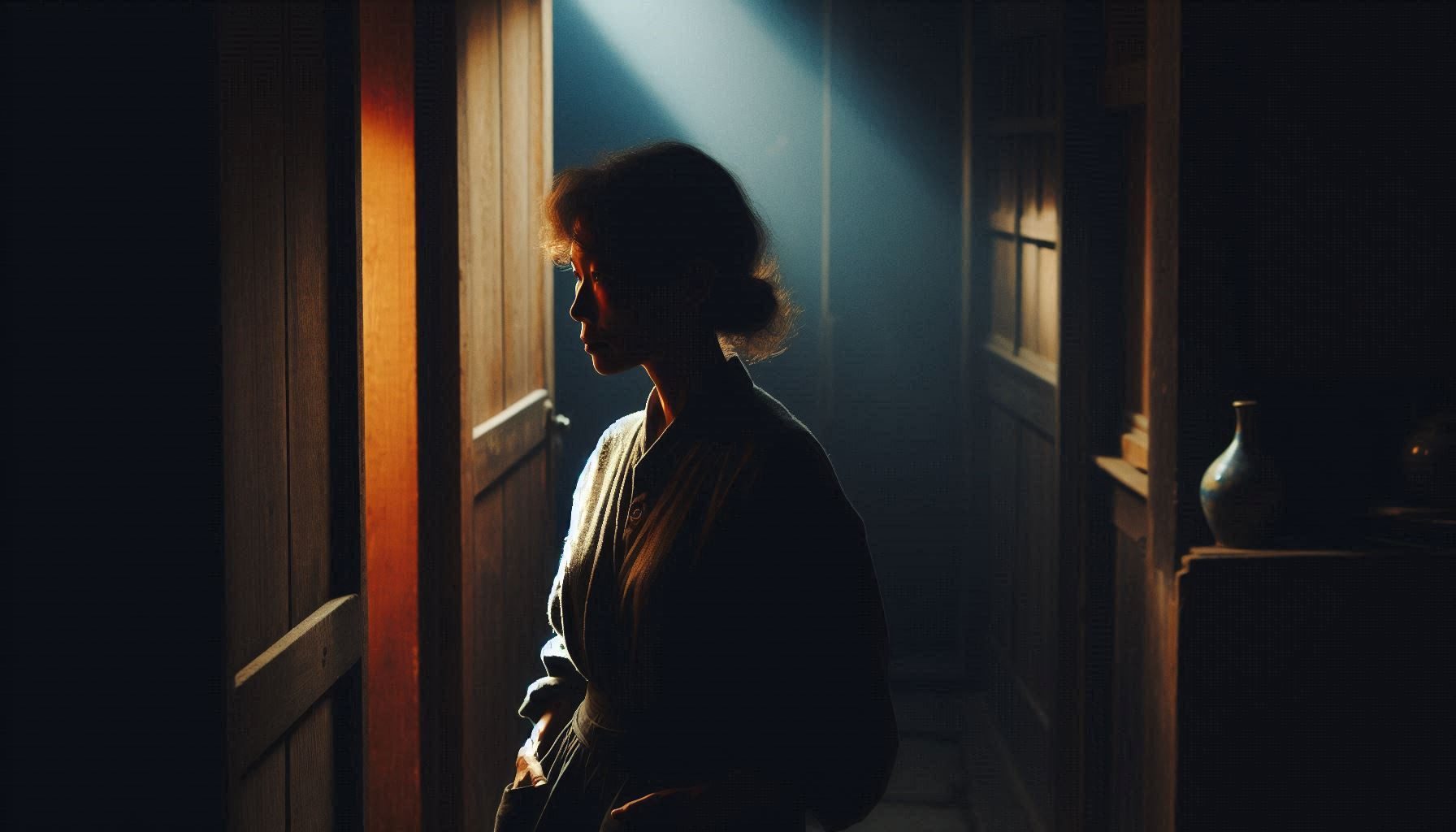 moody image of woman standing in hallway