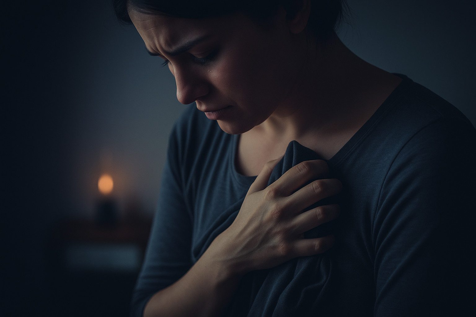 grief in our bodies is often debilitating, image of women holding a loved one's shirt close to her chest.