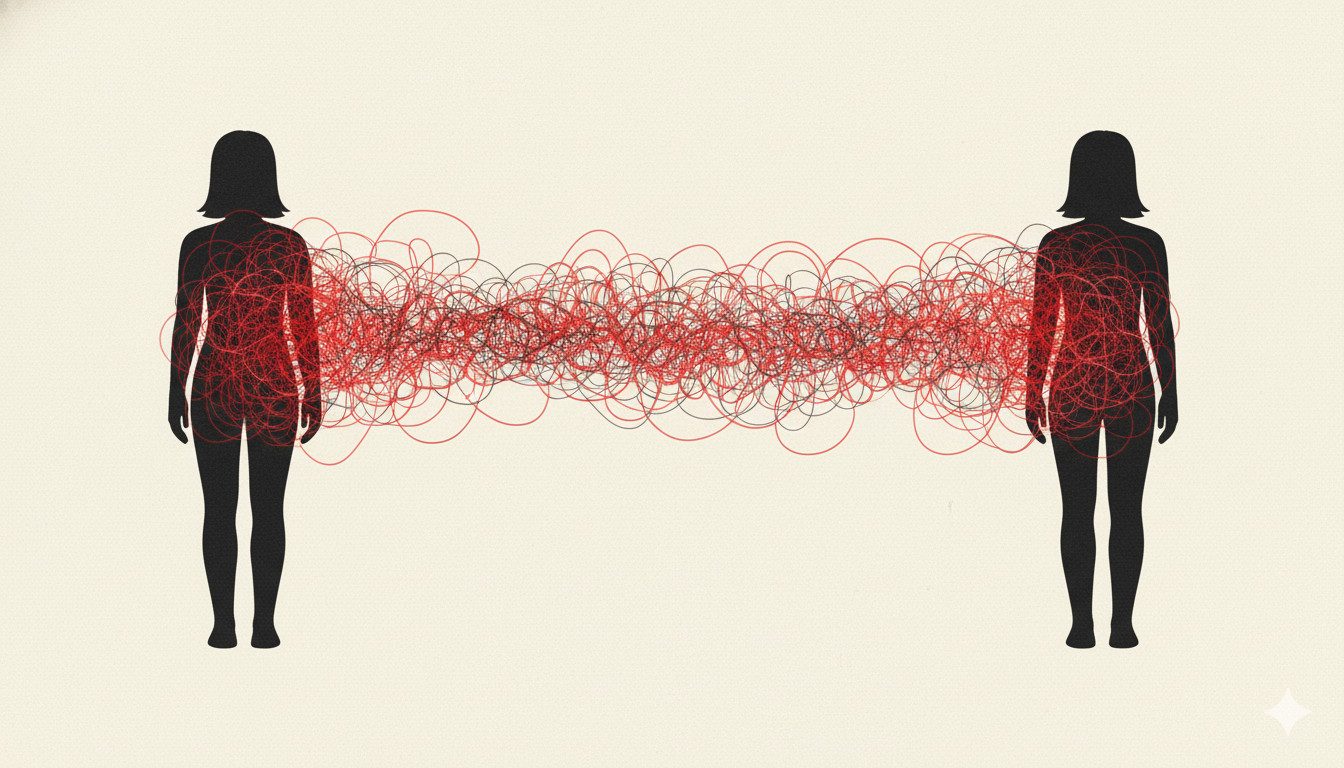 When holding space becomes too heavy: Healing Compassion Fatigue & Burnout 2 compassion fatigue - A minimalist diagram showing two human silhouettes, with chaotic red energy transferring from one person to the other, illustrating the concept of vicarious trauma and energetic drain.